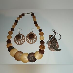 Western Wooden necklace and earrings and Keychain